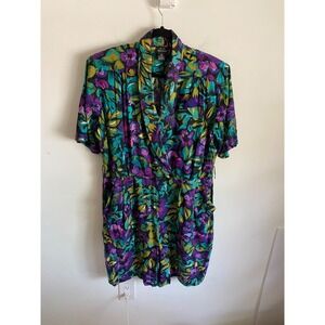 Brett Alixander Vintage 80s 90s Floral Rayon Romper Purple Teal Green Womens M
